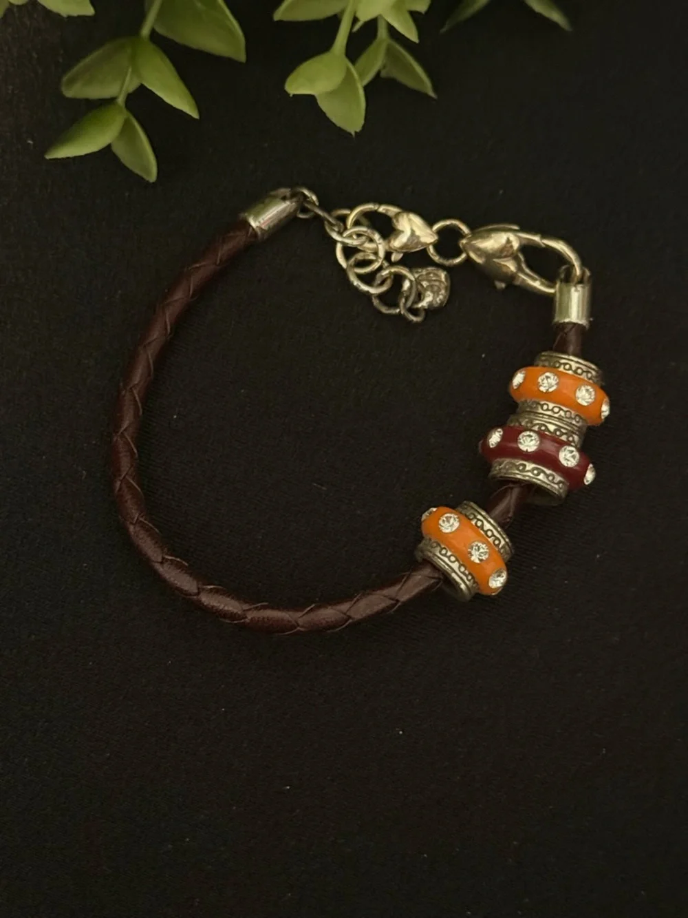 Brighton Orange and‎ Plum Bead Braided Leather Bracelet